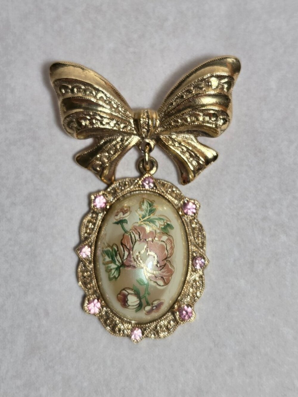 1928 Rose on Faux Pearl Pin Brooch with Pink Rhinestones